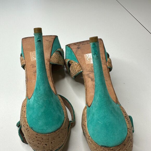 Aldo Platform Turquoise Suede & Tan Cork Stiletto Heel Ankle Strap Sandal 5.5 - Picture 15 of 16